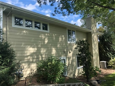 A two-story house with pale yellow siding, multiple windows, and a landscaped yard with trees and shrubs.