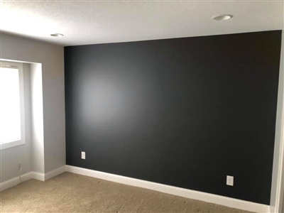 Empty room with beige carpet, a black accent wall, white trim, and a window on the left side.