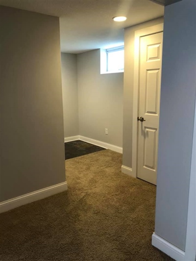 Basement room with gray walls, beige carpet, a small window, and a white door.