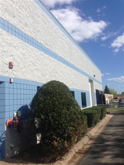 Exterior of a commercial building with blue and white walls, large bushes along the side, and a clear blue sky.