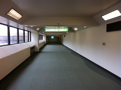 An empty, carpeted hallway with overhead lights and windows on the left side, leading to an exit sign at the end.