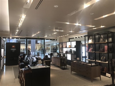 A luxurious retail store interior featuring well-lit displays of handbags and accessories, modern furnishings, and large windows providing natural light.