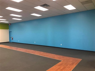 Empty room with a blue wall, black flooring, a wooden section, and ceiling lights.