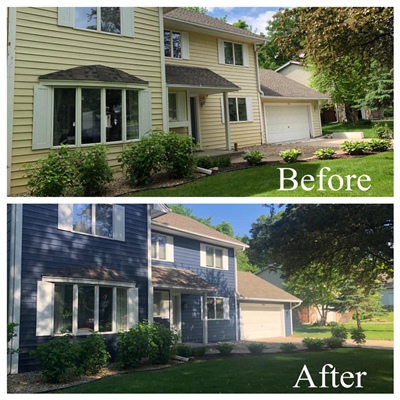 Comparison of a house exterior makeover: "Before" shows a yellow siding house, "After" shows the same house with blue siding, giving it a fresh, updated look.