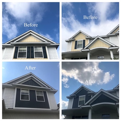 Comparison of house gable makeovers: "Before" shows yellow and white gables, "After" shows the same gables updated with dark blue and white, creating a modern look.