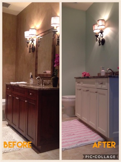 Comparison of a bathroom vanity makeover: "Before" shows a dark wood vanity with beige walls, "After" shows a white vanity with light blue walls, creating a brighter atmosphere.