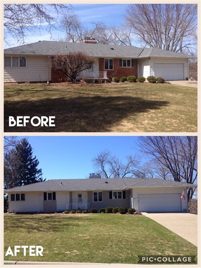 Comparison of a house exterior makeover: "Before" shows a house with red brick and white siding, "After" shows the same house with updated white siding and an added garage, giving it a more modern appearance.