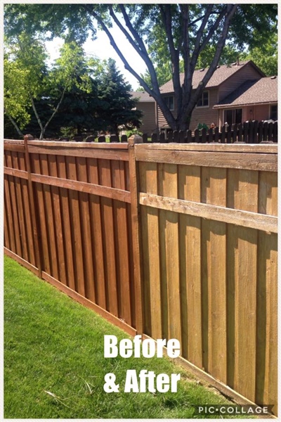 Comparison of a wooden fence makeover: "Before" shows an untreated, light-colored wooden fence, "After" shows the same fence stained with a rich brown color, enhancing its appearance.