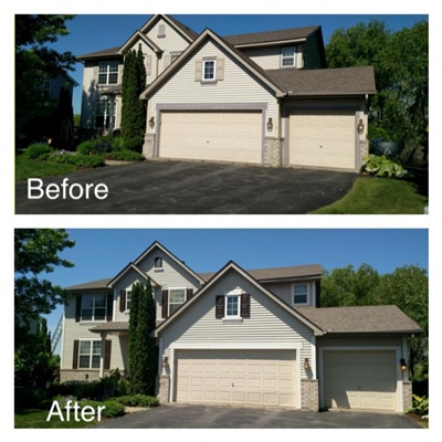 Comparison of a house exterior makeover: "Before" shows a house with light beige siding and dark shutters, "After" shows the same house with updated siding and shutters, giving it a fresher look.