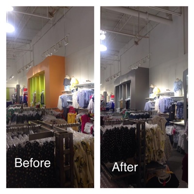 Comparison of a store interior makeover: "Before" shows an orange wall section in a clothing store, "After" shows the same wall section painted in a neutral gray color, giving it a more modern appearance.