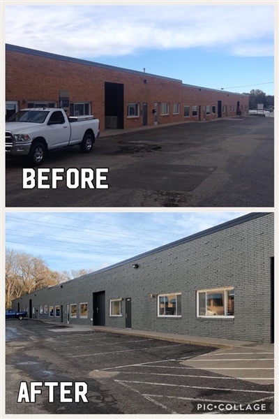 Comparison of a building exterior makeover: "Before" shows a red brick industrial building, "After" shows the same building updated with gray siding and new windows, giving it a modernized appearance.