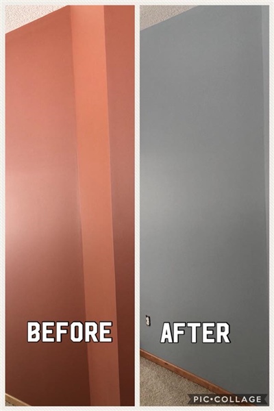 Comparison of a wall makeover: "Before" shows a wall painted in a deep red color, "After" shows the same wall painted in a light gray color, giving it a more contemporary look.