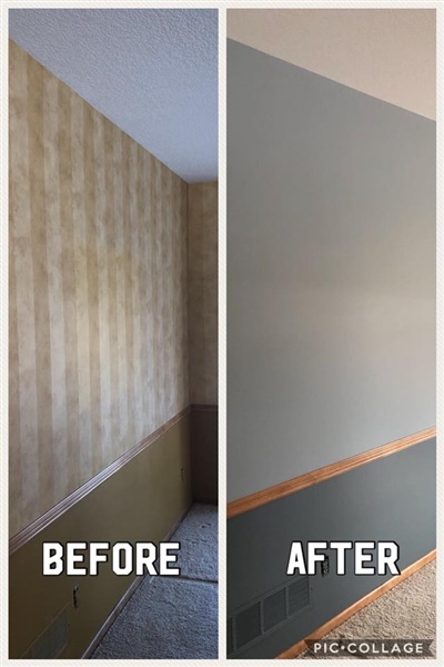 Comparison of a wall makeover: "Before" shows a wall with old patterned wallpaper and a mustard yellow lower section, "After" shows the same wall painted in light gray with a darker gray lower section, creating a modern look.