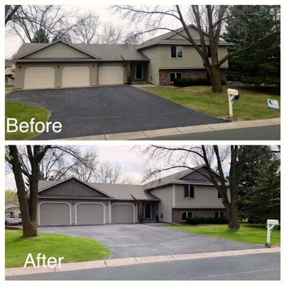 Comparison of a house exterior makeover: "Before" shows a house with plain light gray siding and minimal landscaping, "After" shows the same house with updated dark gray siding, enhanced landscaping, and a more polished appearance