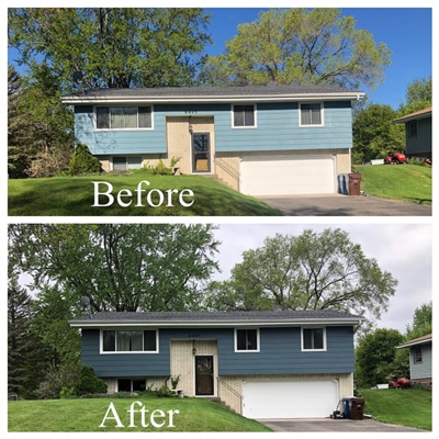 Comparison of a house exterior makeover: "Before" shows a house with light blue siding and a beige lower section, "After" shows the same house with updated dark blue siding and a white lower section, giving it a more modern appear