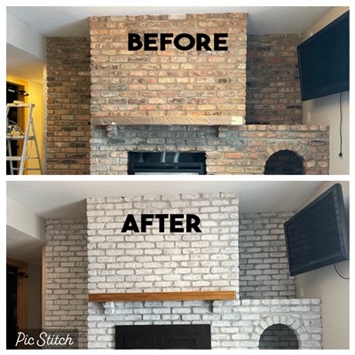 Comparison of a fireplace makeover: "Before" shows a traditional red brick fireplace, "After" shows the same fireplace painted white with a modern look.