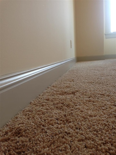 A close-up view of a beige carpeted floor and a wall with white baseboard trim.