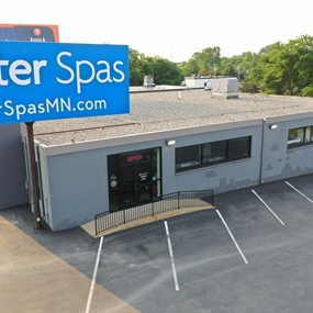Aerial view of cinder block walls before exterior painting at Master Spas in St. Louis Park